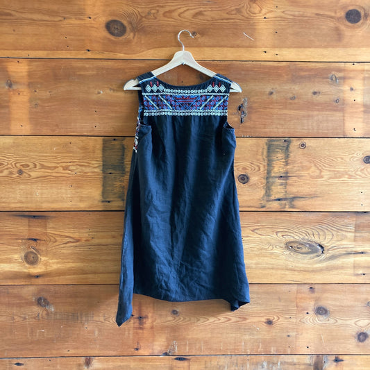 S - JWLA Johnny Was Black Embroidered Sleeveless 100% Linen Dress 0718ML