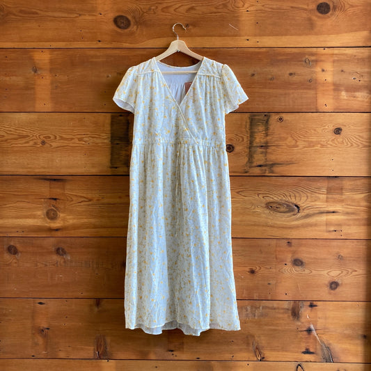S - Christy Dawn White Yellow Tiny Floral Print Short Sleeve V-Neck Dress 0606RO