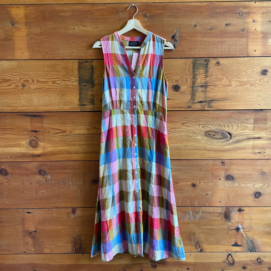 XS - Pendleton Lana Multi Color Plaid Linen Band Collar Midi Dress 0430SM