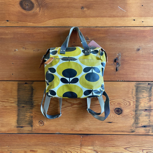 Orla Kiely Yellow & Black Retro Floral Print Small Coated Canvas Backpack 0721DK