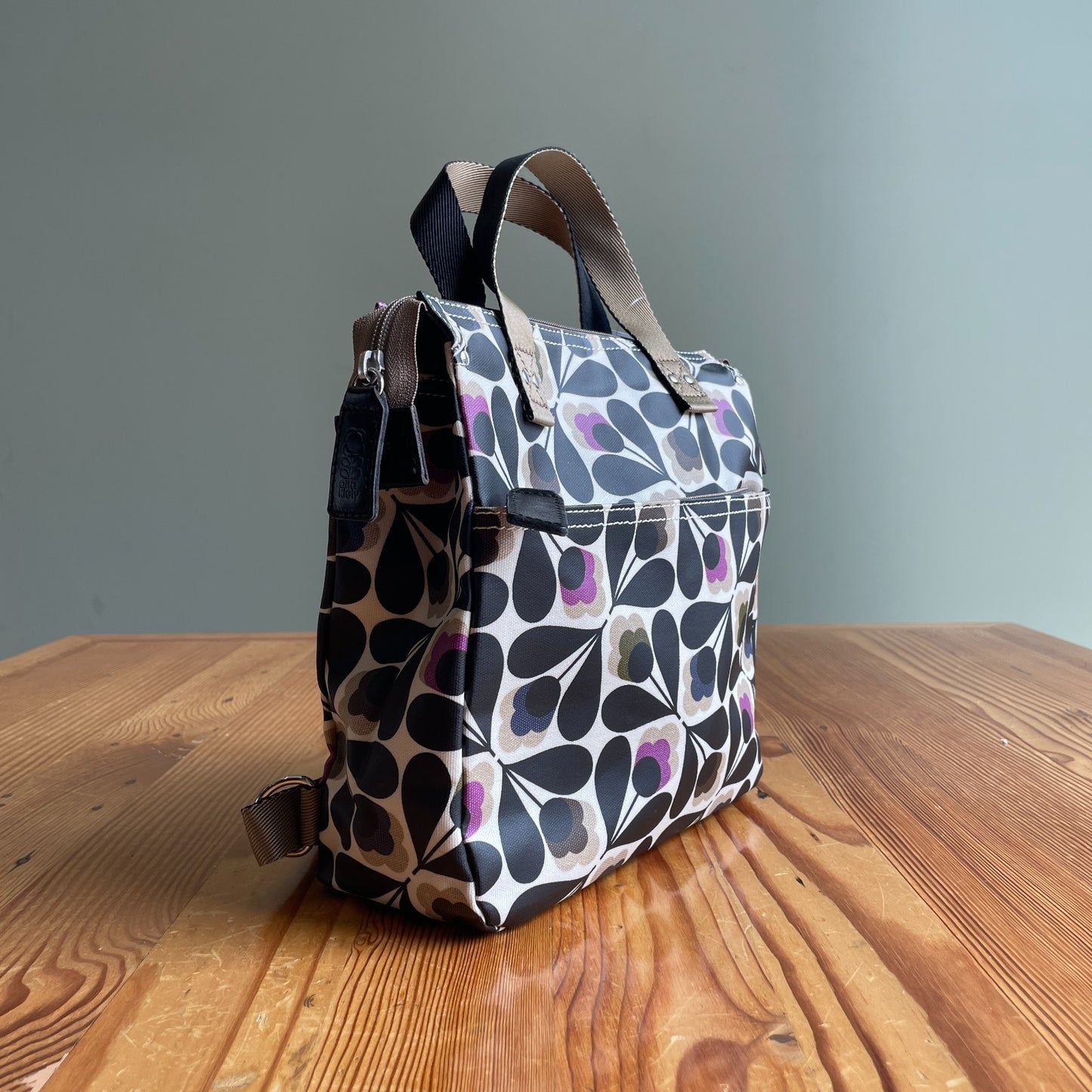 Orla Kiely Black & Purple Retro Floral Print Small Coated Canvas Backpack 0721DK
