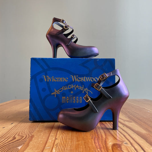 5 - Vivienne Westwood x Melissa Iridescent Purple 3 Strap Heels w/ Box 0415AB