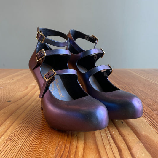 5 - Vivienne Westwood x Melissa Iridescent Purple 3 Strap Heels w/ Box 0415AB