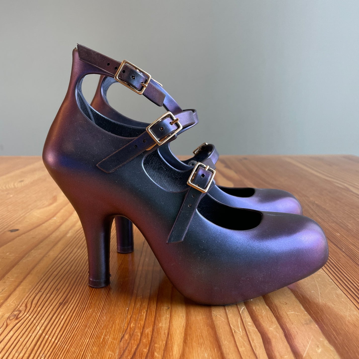 5 - Vivienne Westwood x Melissa Iridescent Purple 3 Strap Heels w/ Box 0415AB