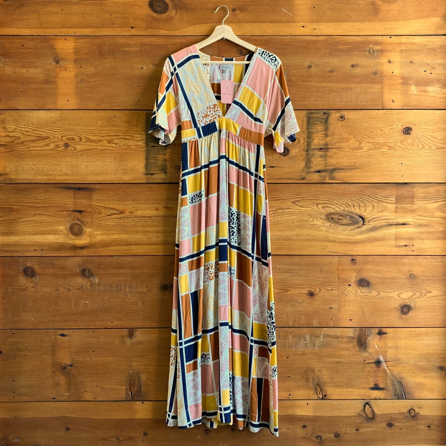 XS - The Odells Geo Patterned Short Sleeve Sienna Deep V Maxi Dress 1103LJ