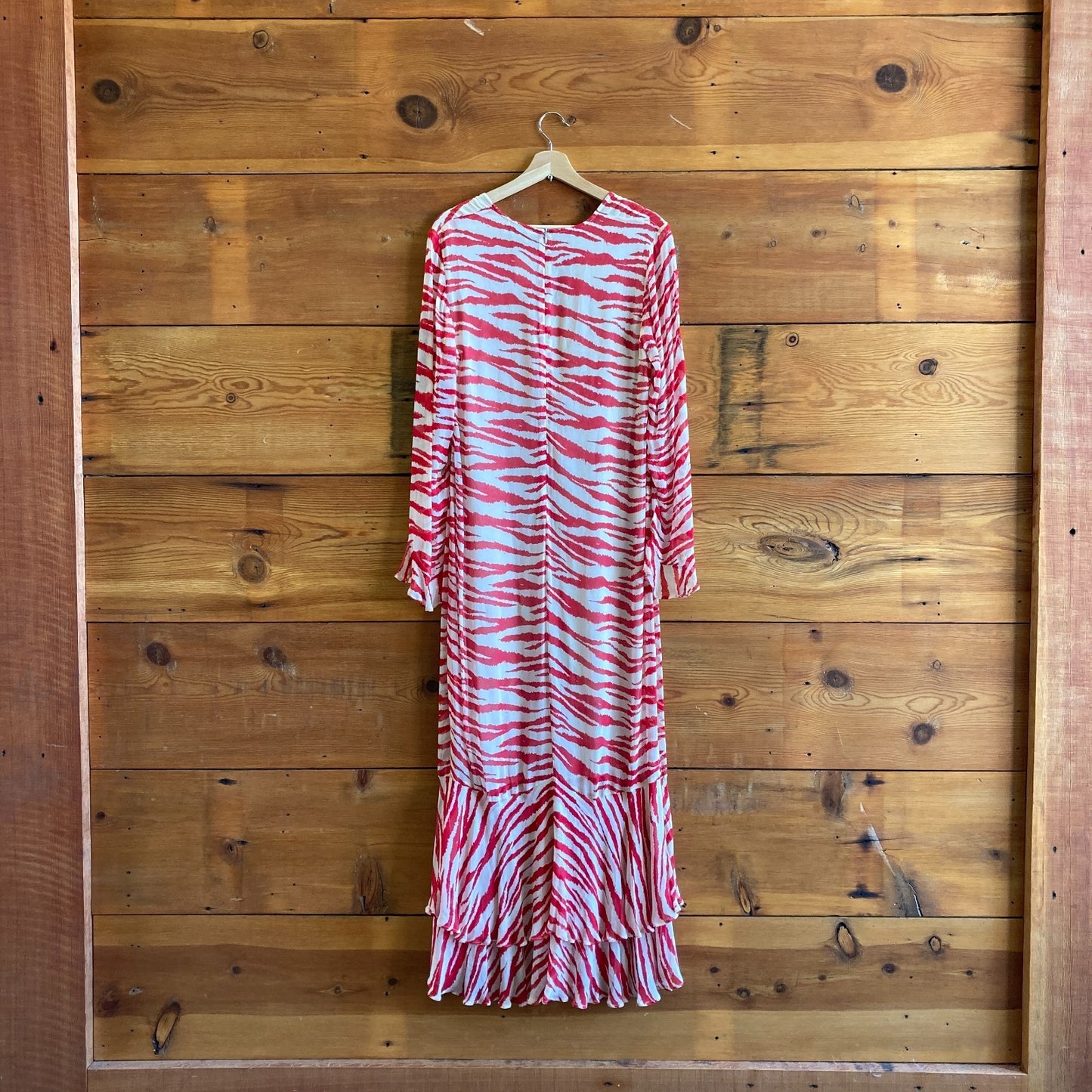 36 / M - Ganni Red & White Zebra Patterned Long Sleeve Georgette Dress 1022ED
