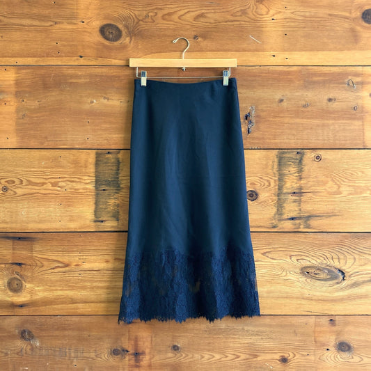 2 - All Saints Black Silky Lace Hem Bridgette Midi Length Skirt 1022ED