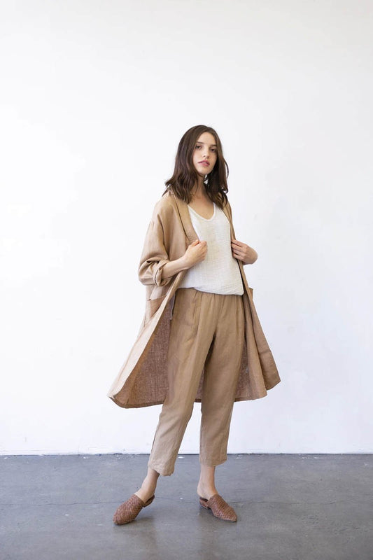 S / M - It Is Well L.A. $260 Tan Italian Linen Open Front Duster Jacket 0803BH