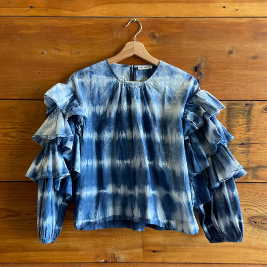 8 - Ulla Johnson Indigo Tie Dye Ruffled Long Sleeve Shirt Top 0611AJ
