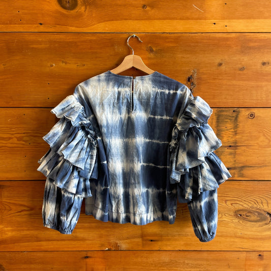 8 - Ulla Johnson Indigo Tie Dye Ruffled Long Sleeve Shirt Top 0611AJ