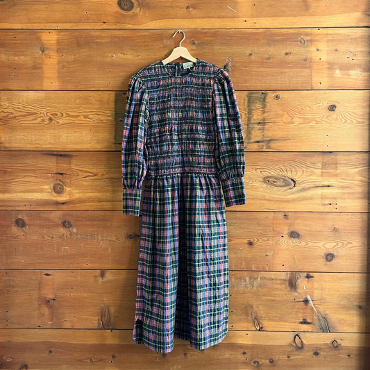 38 / 6 - Ganni Shirred Checkered Seersucker Long Sleeve Midi Dress 0611AJ