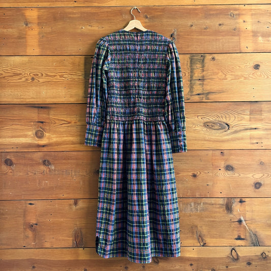 38 / 6 - Ganni Shirred Checkered Seersucker Long Sleeve Midi Dress 0611AJ