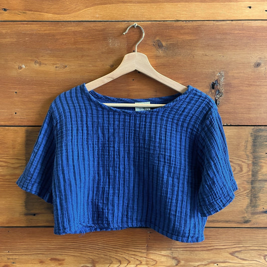 XS - Curator SF Blue Navy Striped Short Sleeve Nora Crop Top Shirt 0312IG