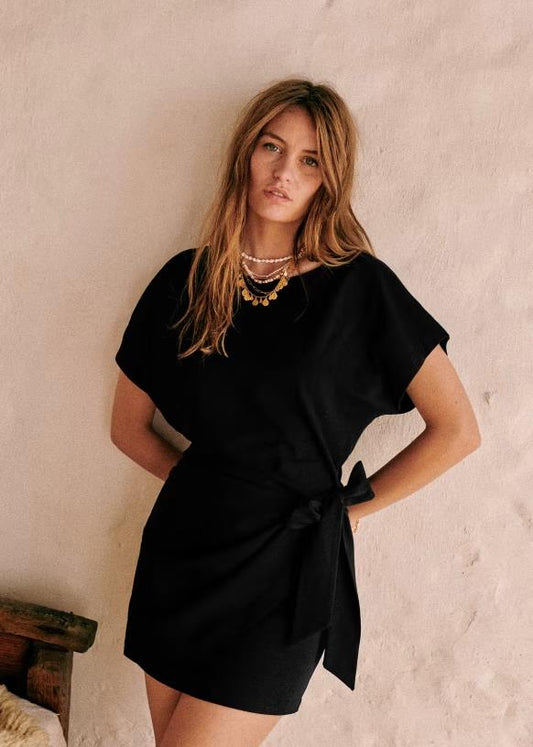 XS - Sezane Black Hip Tie Sabrina Short Sleeve Organic Cotton Dress 0312IG