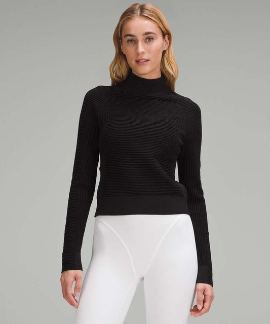 M - Lululemon $148 Black Mock Crew Neck Mixed Rib-Knit Sweater NEW 0721DK