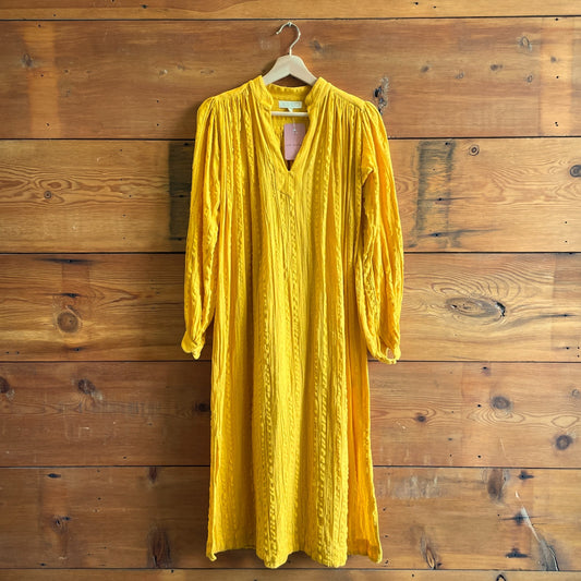 XS - Suzi Kondi Yellow Long Sleeve Luleta Cotton Gauze Striped Midi Dress 0415AU