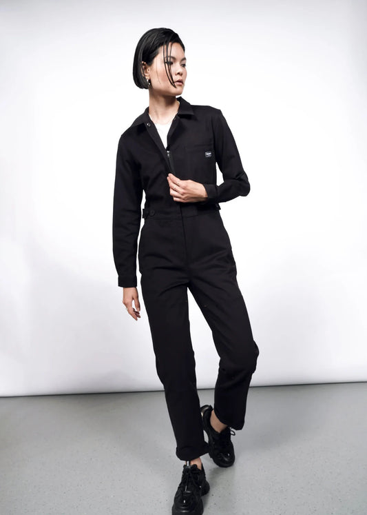 M - Wildfang $184 Black Long Sleeve The Essential High Waist Jumpsuit NEW 0721DK