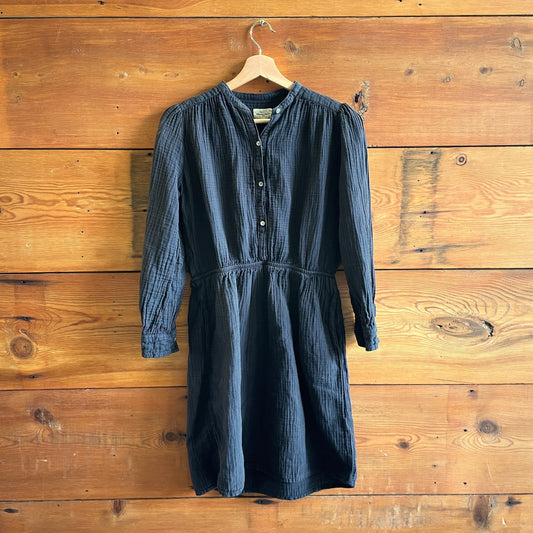 1 / S - Hartford Black Gauze Long Sleeve Half Button Cinched Waist Dress 0415AU