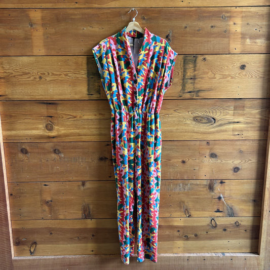 3XL - Nooworks Colorful Patterned Cap Sleeve Stretch Knit Slim Leg Jumpsuit 0430