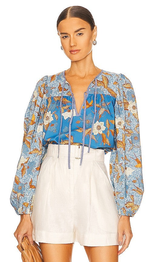 6 - Ulla Johnson $298 Blue Patterned Cotton Joanie Blouse Top NEW 0808LM