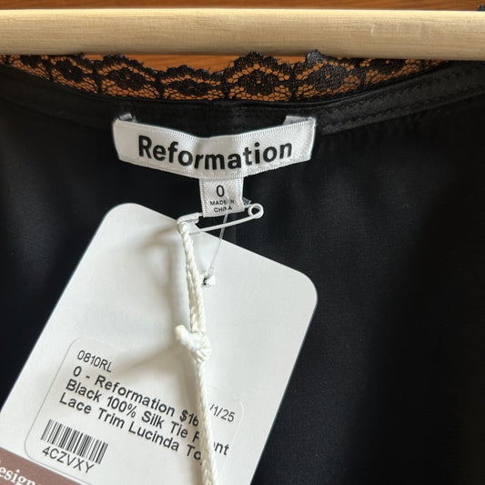 0 - Reformation $168 Black 100% Silk Tie Front Lace Trim Lucinda Top NEW 0810RL