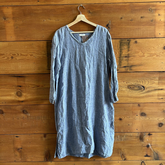 M - CP Shades Blue Chambray Linen Long Sleeve Midi Length Dress 0721DK