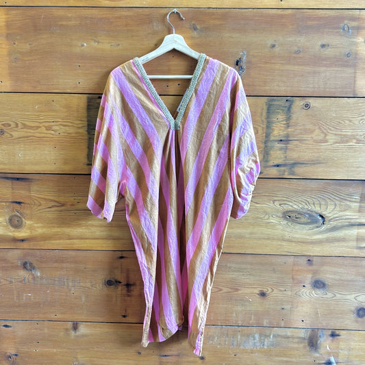 M - Caftan Summer Elizabeth Dye Pink & Brown Striped Cotton Dress 0812LD