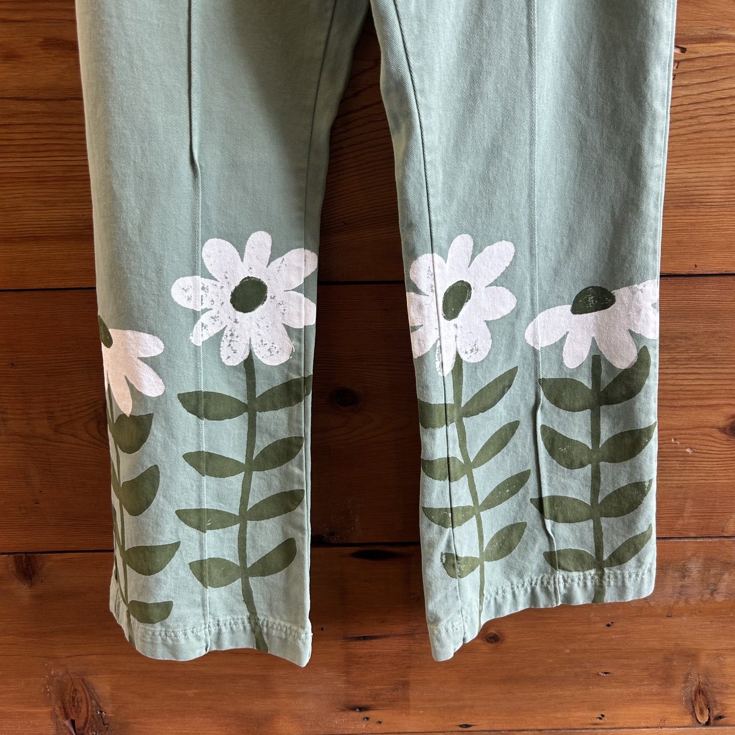 XXS - Big Bud Press Sage Green Paint Stamp Daisy Western Pants 0411SP