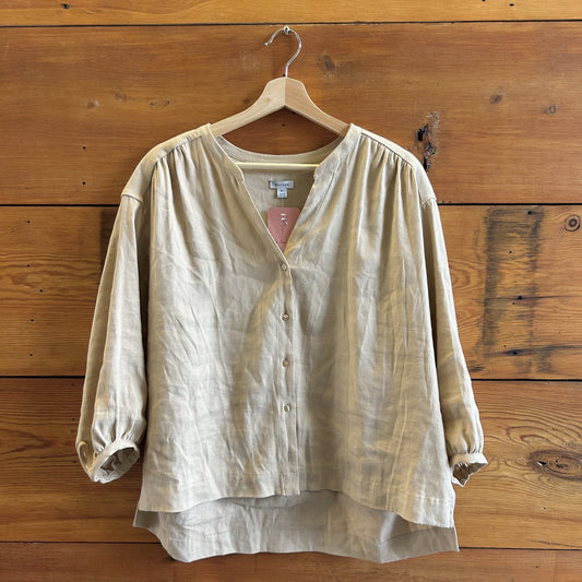 M - Cuyana $175 Natural Tan Linen 3/4 Sleeve Button Up Blouse Shirt 0531AF