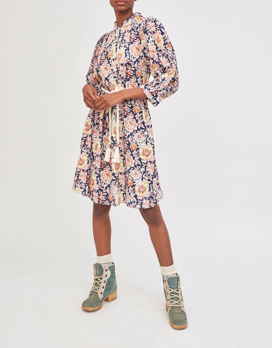 M - Antik Batik Multi Colored & Navy Floral Print NEW Andre Mini Dress 0308IN