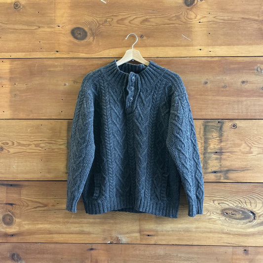 M - Aran Crafts Gray Irish 100% Merino Wool Button Neck Sweater 1103ES