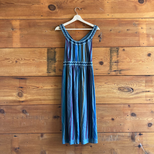 S - Gudrun Sjoden Blue Multi Color Stripe Lagenlook Prairie Cottage Dress 1215RJ