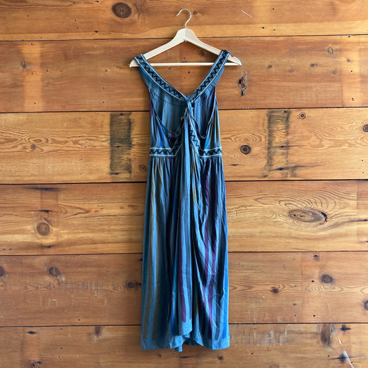 S - Gudrun Sjoden Blue Multi Color Stripe Lagenlook Prairie Cottage Dress 1215RJ