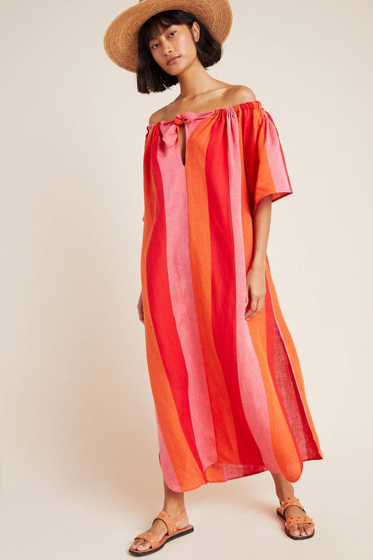 S - Mara Hoffman Swim Red Striped Off Shoulder Linen Kamala Dress NEW 0816TB
