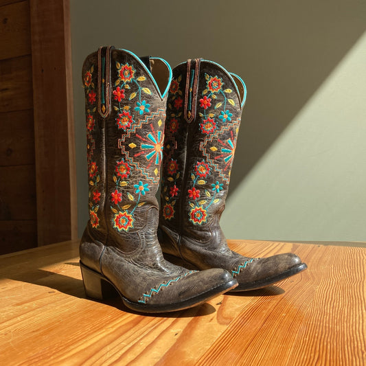 7 - Old Gringo Black Floral Embroidered Western Pull On Cowboy Boots 0826MS