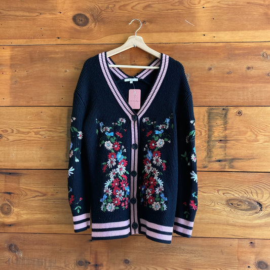 1 / S - Maje Black Floral Embroidered Button Front Cardigan Sweater 0224NW