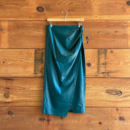 M - Jason Wu Green Vegan Leather NEW $188 Faux Wrap Midi Pencil Skirt 0224NW