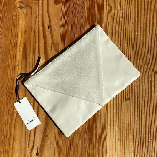 Clare V Ivory White Leather Calf Hair Contrast Top Zip Clutch Purse 0826NH