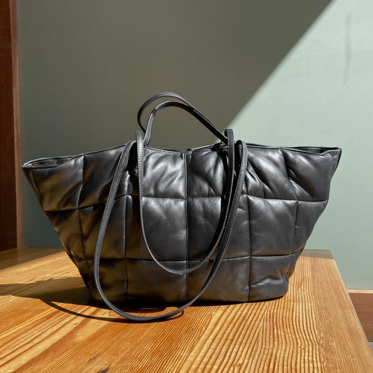 AllSaints Black Lambskin Leather Nadaline Quilted Tote Purse Bag 0826NH