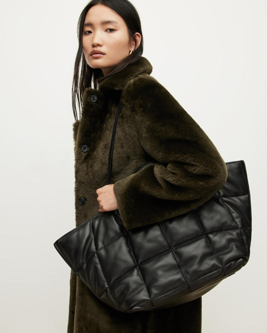 AllSaints Black Lambskin Leather Nadaline Quilted Tote Purse Bag 0826NH