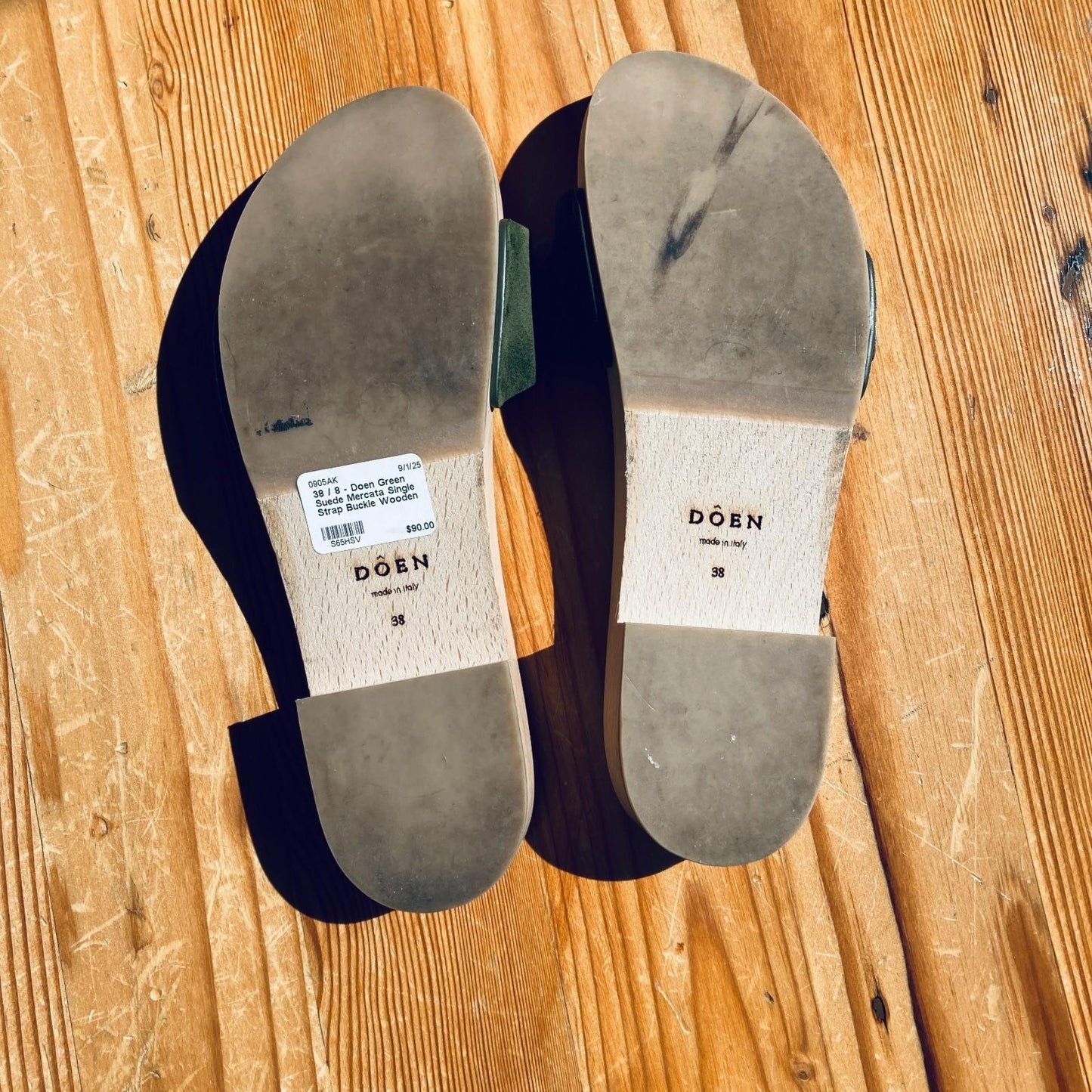 38 / 8 - Doen Green Suede Mercata Single Strap Buckle Wooden Sandals 0905AK