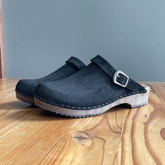 38 / 8 - Kitty Clogs Black Leather Buckle Open Heel Wooden Clogs Shoes 0905AK