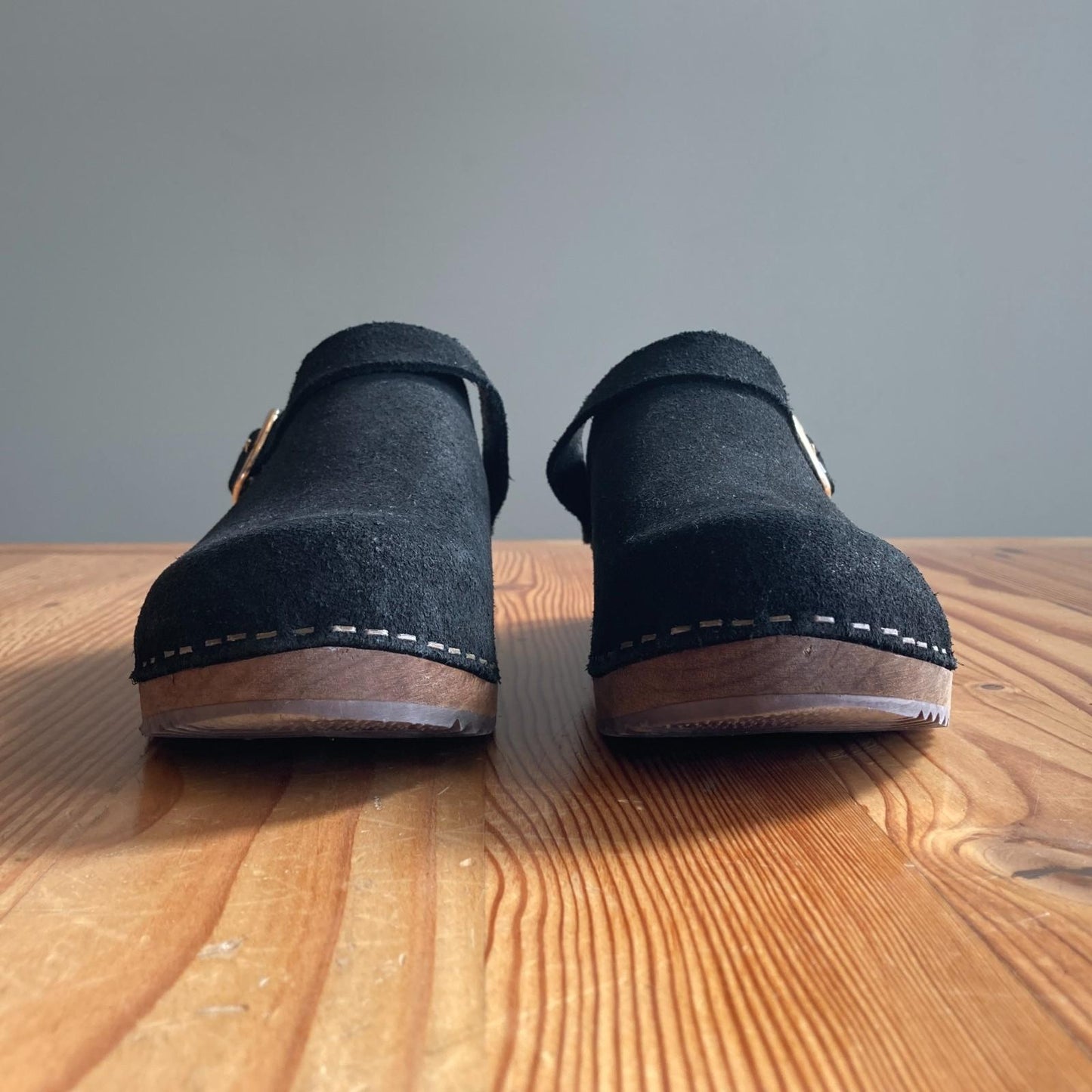 38 / 8 - Kitty Clogs Black Leather Buckle Open Heel Wooden Clogs Shoes 0905AK