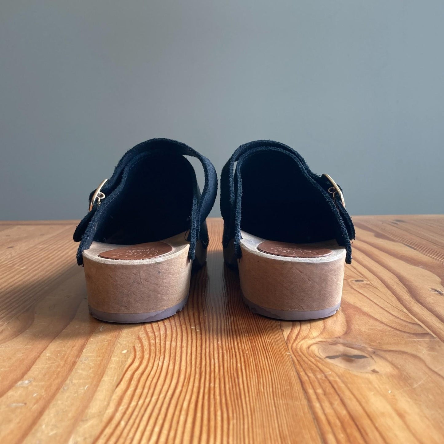 38 / 8 - Kitty Clogs Black Leather Buckle Open Heel Wooden Clogs Shoes 0905AK