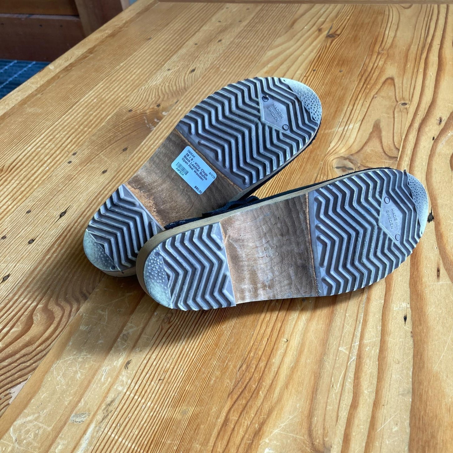 38 / 8 - Kitty Clogs Black Leather Buckle Open Heel Wooden Clogs Shoes 0905AK