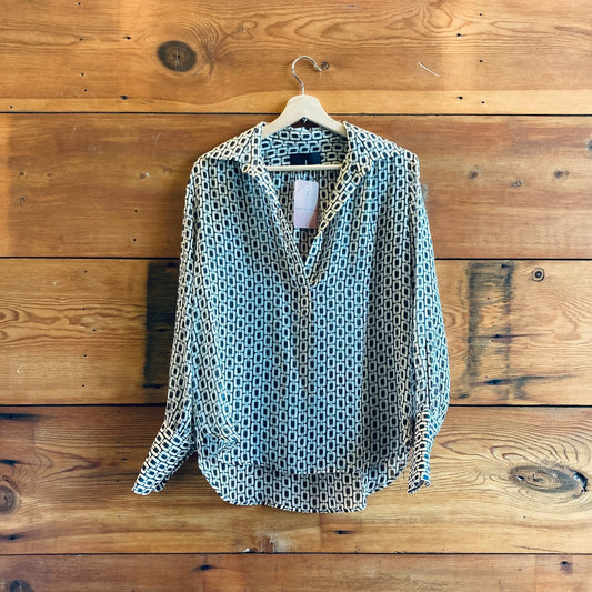 M - Nili Lotan Brown & Tan Chain Print Sheer Long Sleeve Blouse Top 4427SC