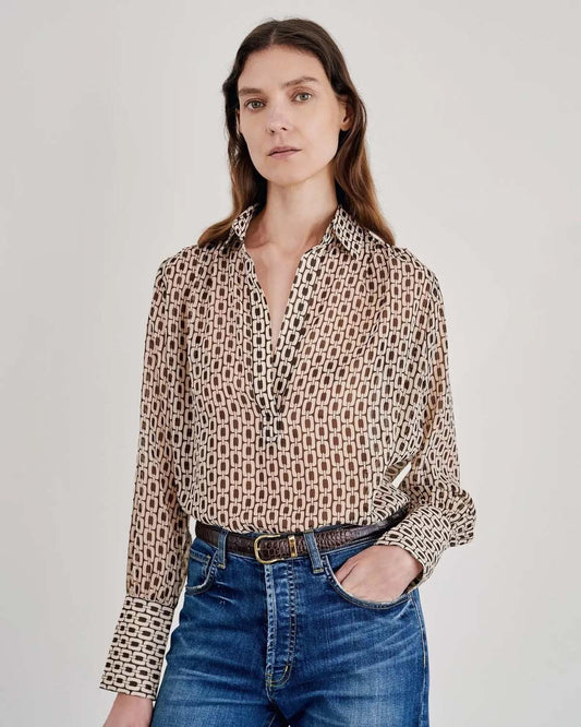 M - Nili Lotan Brown & Tan Chain Print Sheer Long Sleeve Blouse Top 4427SC