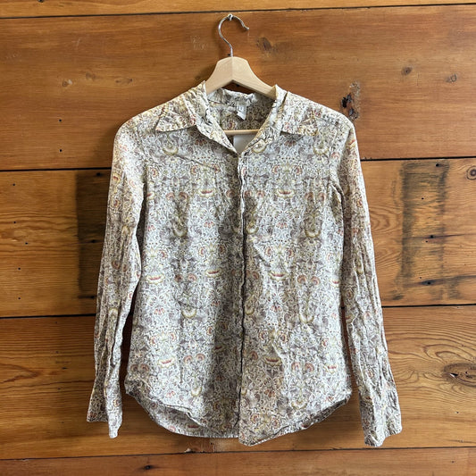1 / S - DOSA White Tan Floral Long Sleeve Button Front Shirt 0531DG