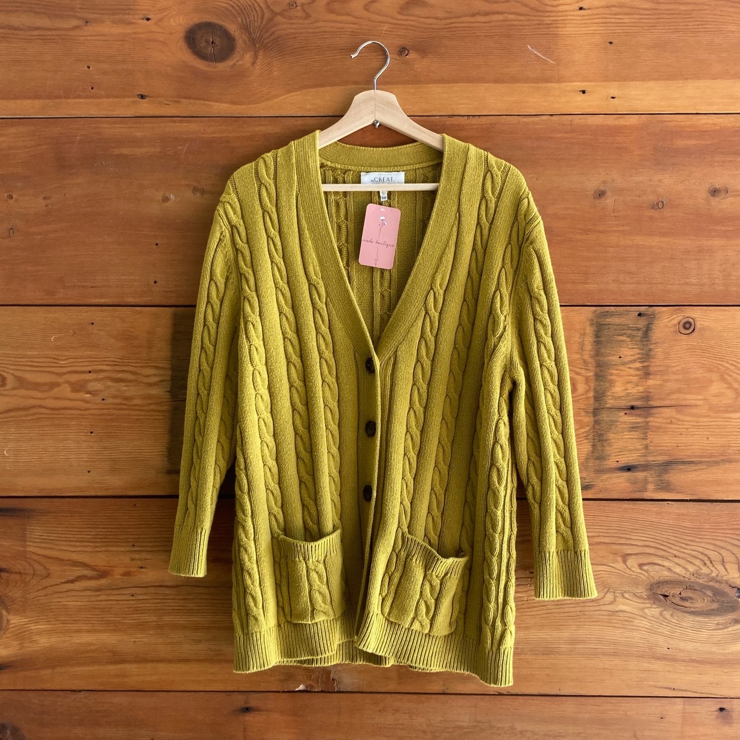 1 / S- The Great $395 Greenish Yellow Cotton Cableknit Button Up Cardigan 0721DK
