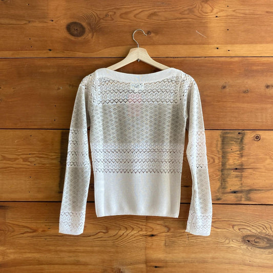 36 / S - Rouje Cream Beige Neutrals Stripe Lace Wide Neck Sweater 0915CS